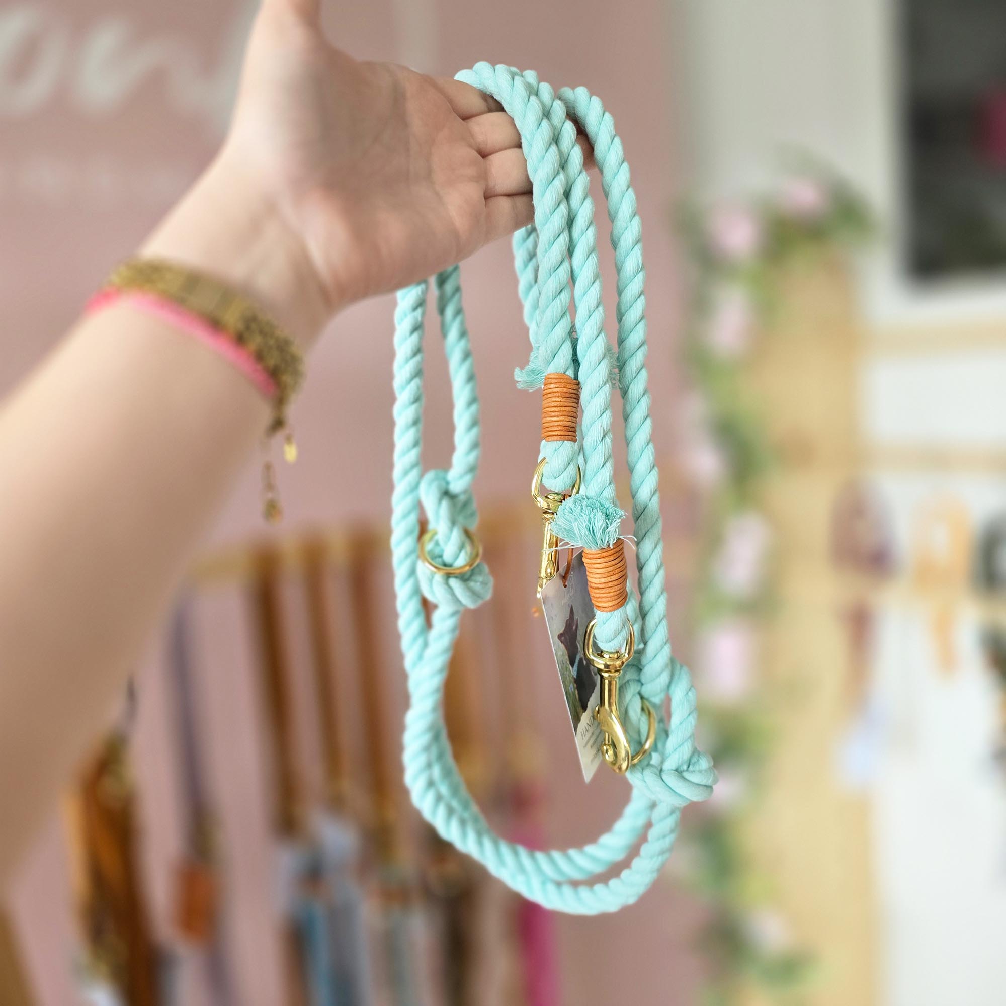Baumwollleine Pastell Türkis 2,3m (mittlere Karabiner) + Tauzergel Gratis
