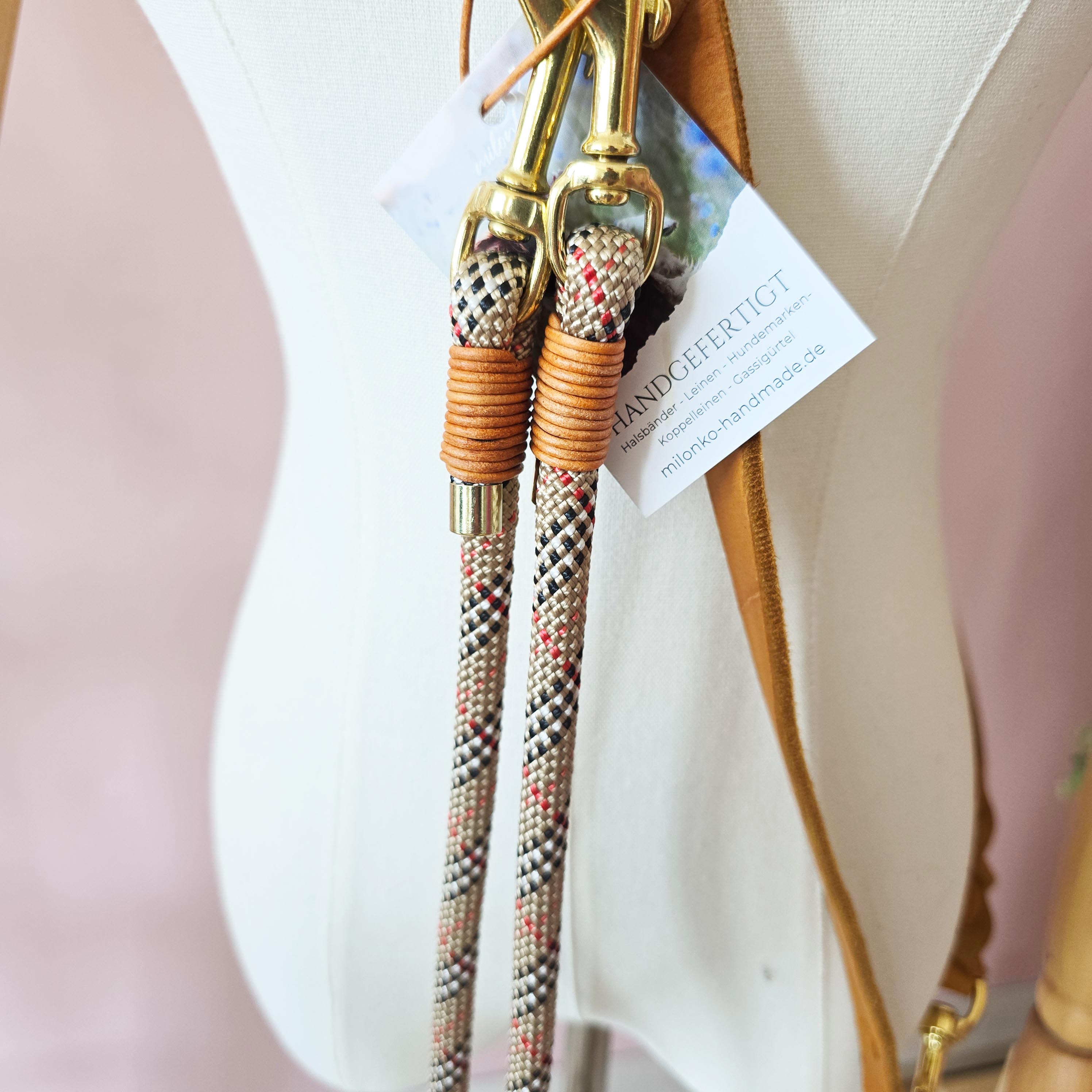 Koppelleine Tartan Beige (mittlere Karabiner)