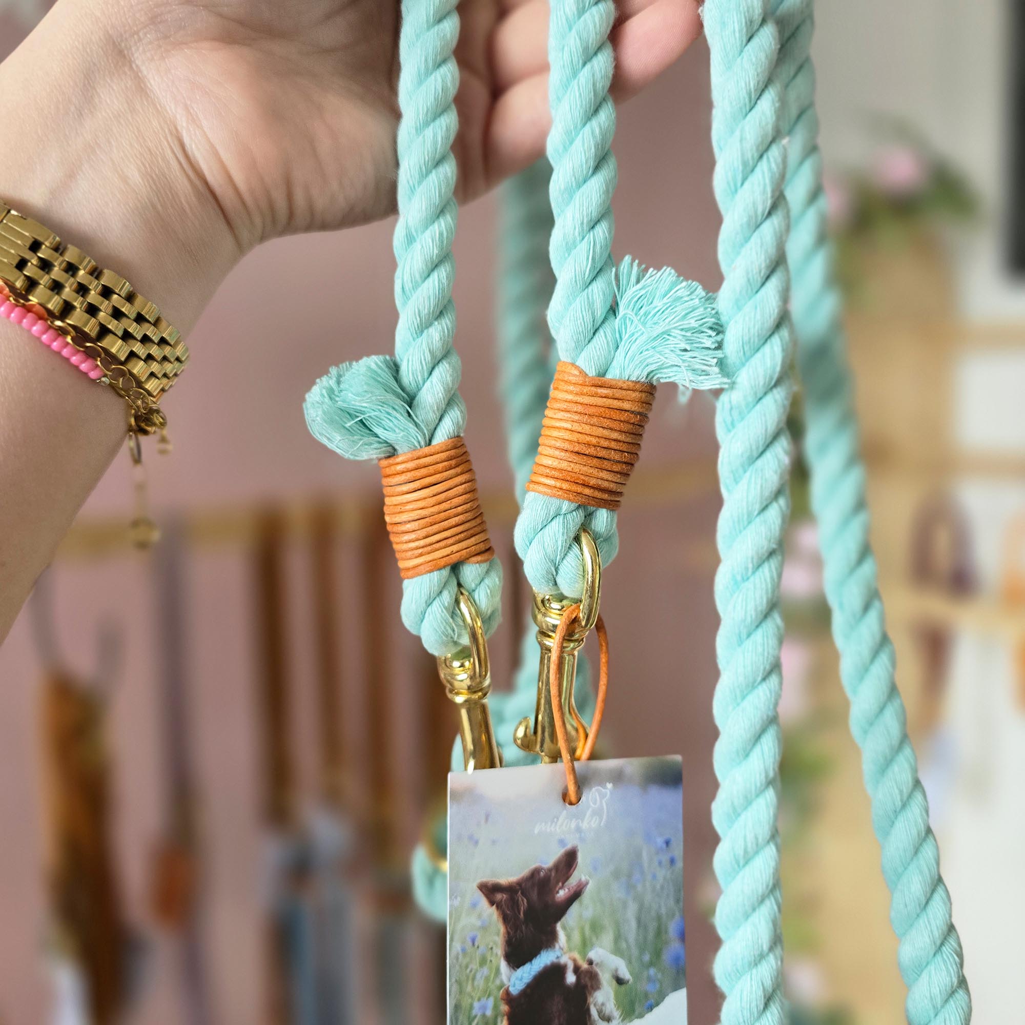Baumwollleine Pastell Türkis 2,3m (mittlere Karabiner) + Tauzergel Gratis