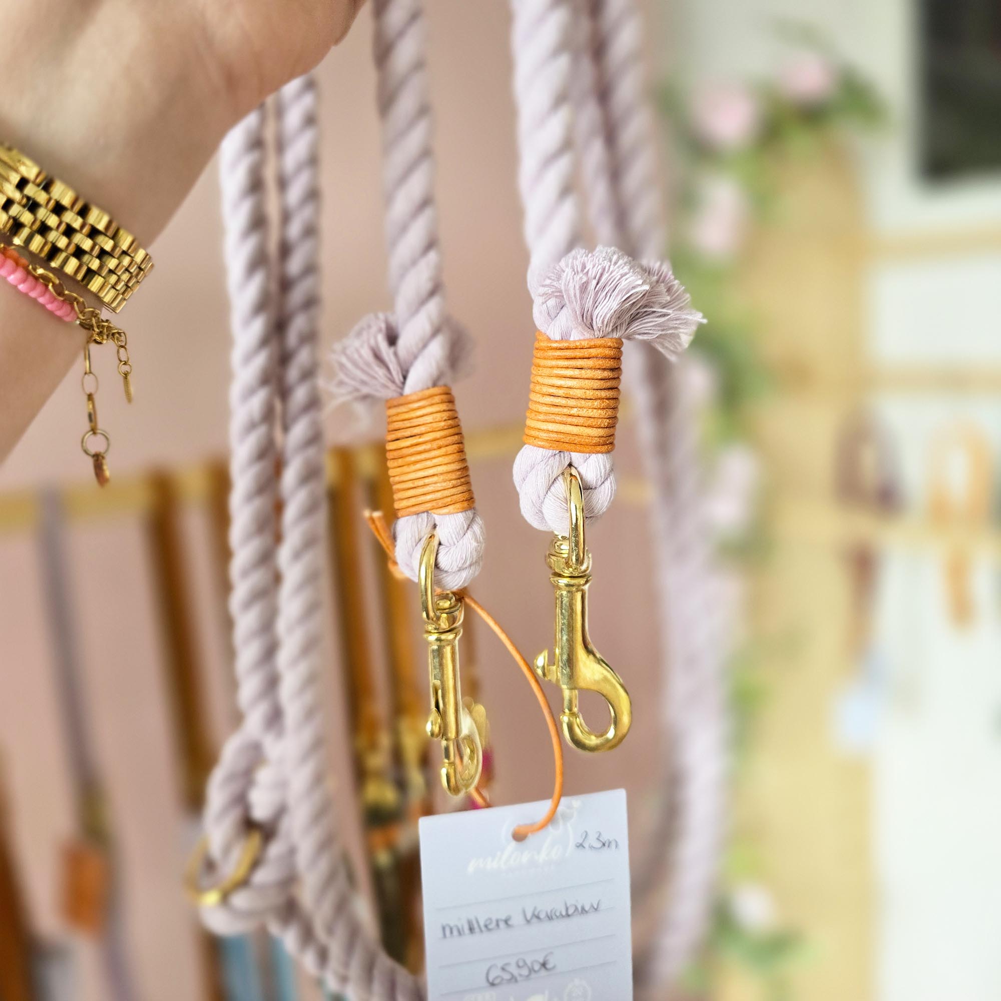 Baumwoll Koppelleine Pastell Lila 2,3m (mittlere Karabiner) + Tauzergel Gratis